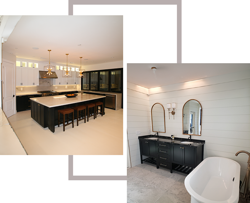 A kitchen and bathroom with green walls